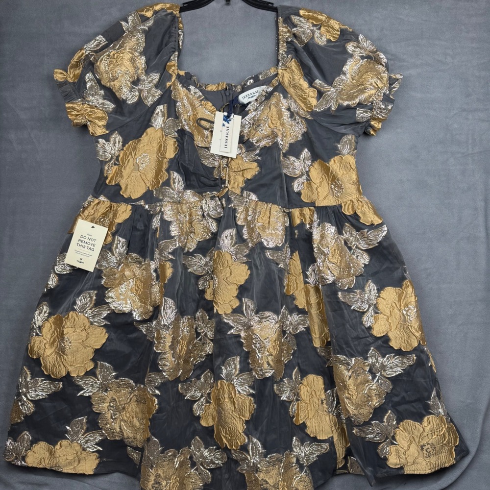 JessaKae Beaumont Dress 5X Plus Size‎ Metallic Gold Floral Jacquard Puff Sleeve